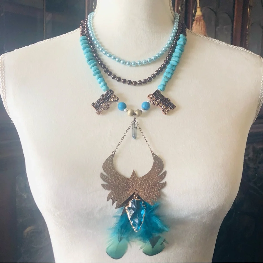 Handcrafted copper eagle Czech Pearl howlite stone clasp necklace